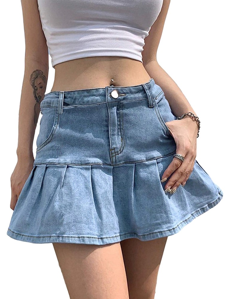 Women’s Pleated Jean Skirt Casual A-Line Ruffle Y2K Mini Denim Skirt LightBlue-L