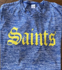 Men’s T Shirt XL Royal Blue Gray Saints Logo Yellow Short Sleeve Moisture Wickin