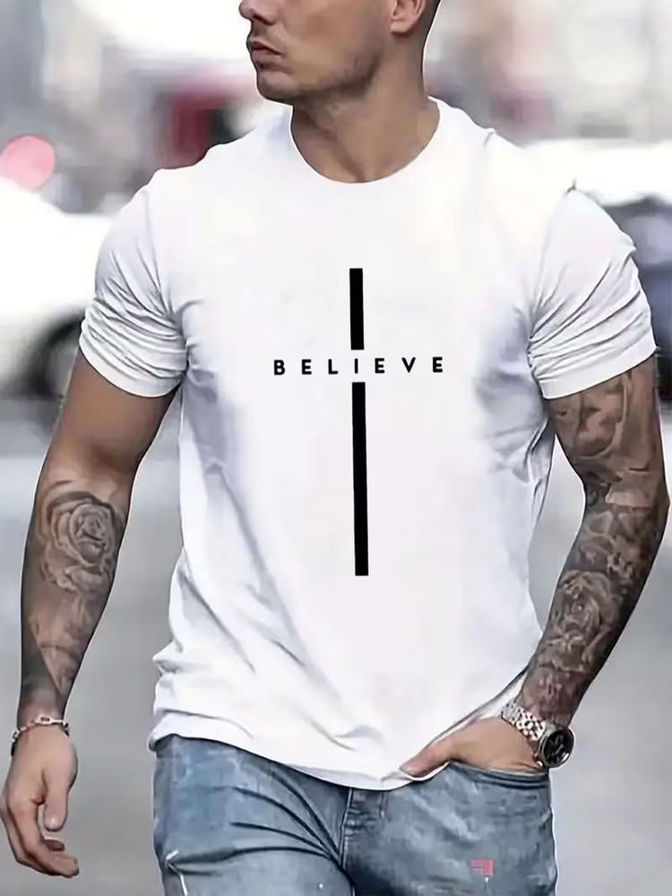 Mens TShirt size- Large Crew Neck Faith Based Believe Cotton ShortSleeves Shirt