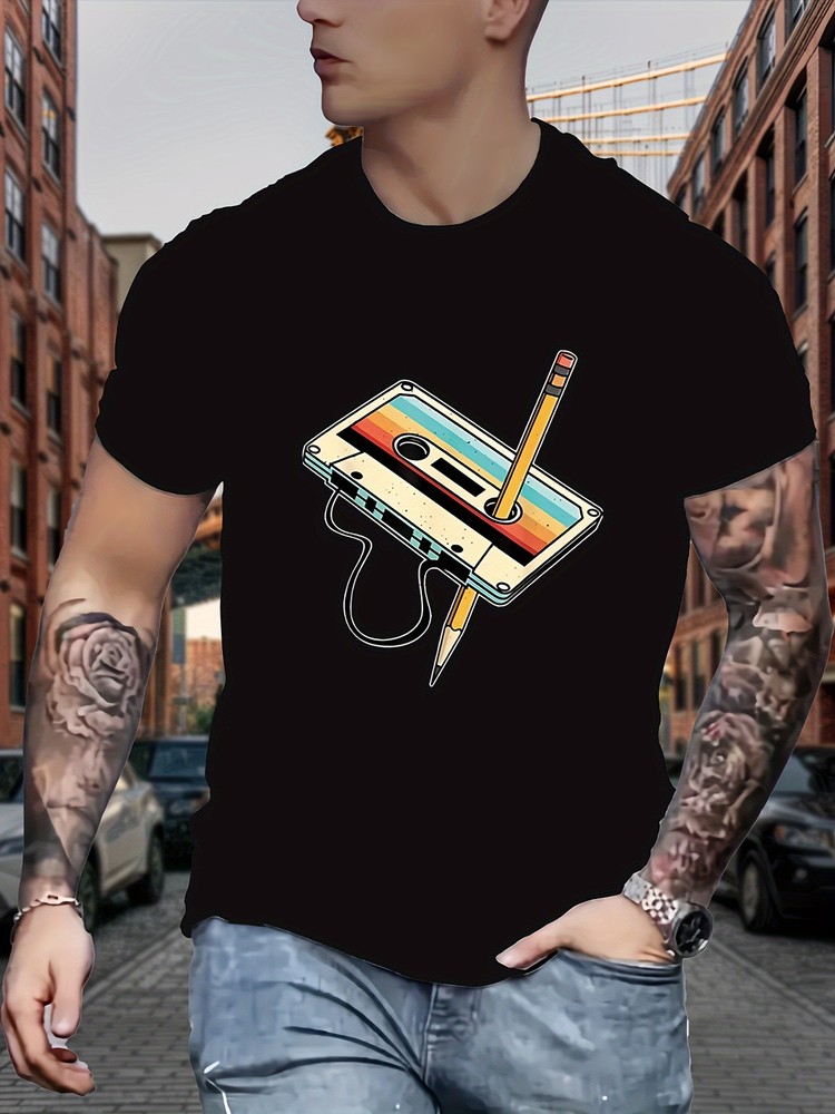 Men’s Retro Cassette Print T-Shirt – Casual Crew Neck, Polyester-Elastane Blend