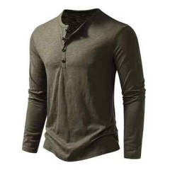 Men’s Shirt Cotton Henley Neck T-Shirts Long Sleeve Casual Button Plain 25% OFF