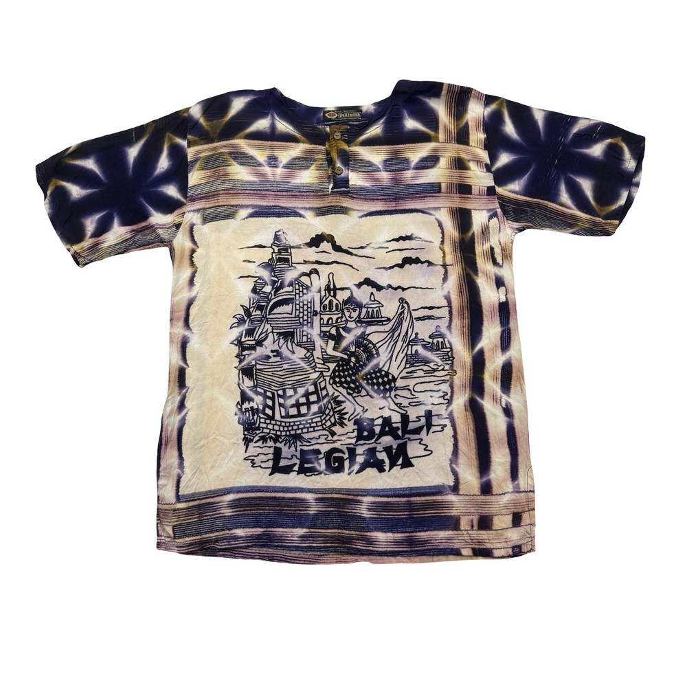 Legian Bali Shirt Mens Large L Purple Tie Dye Batik Abstract Henley Short Sleeve