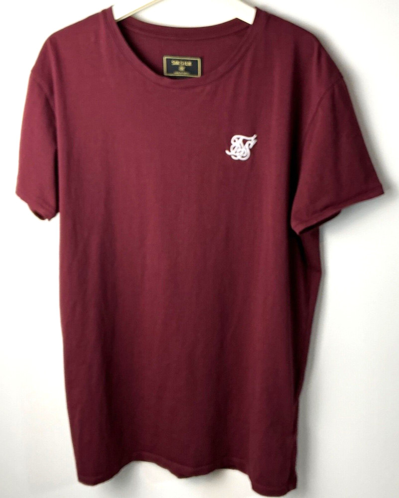 Sik Silk Modern Muscle Fit Mens Maroon T-Shirt Large Embroidered Cotton