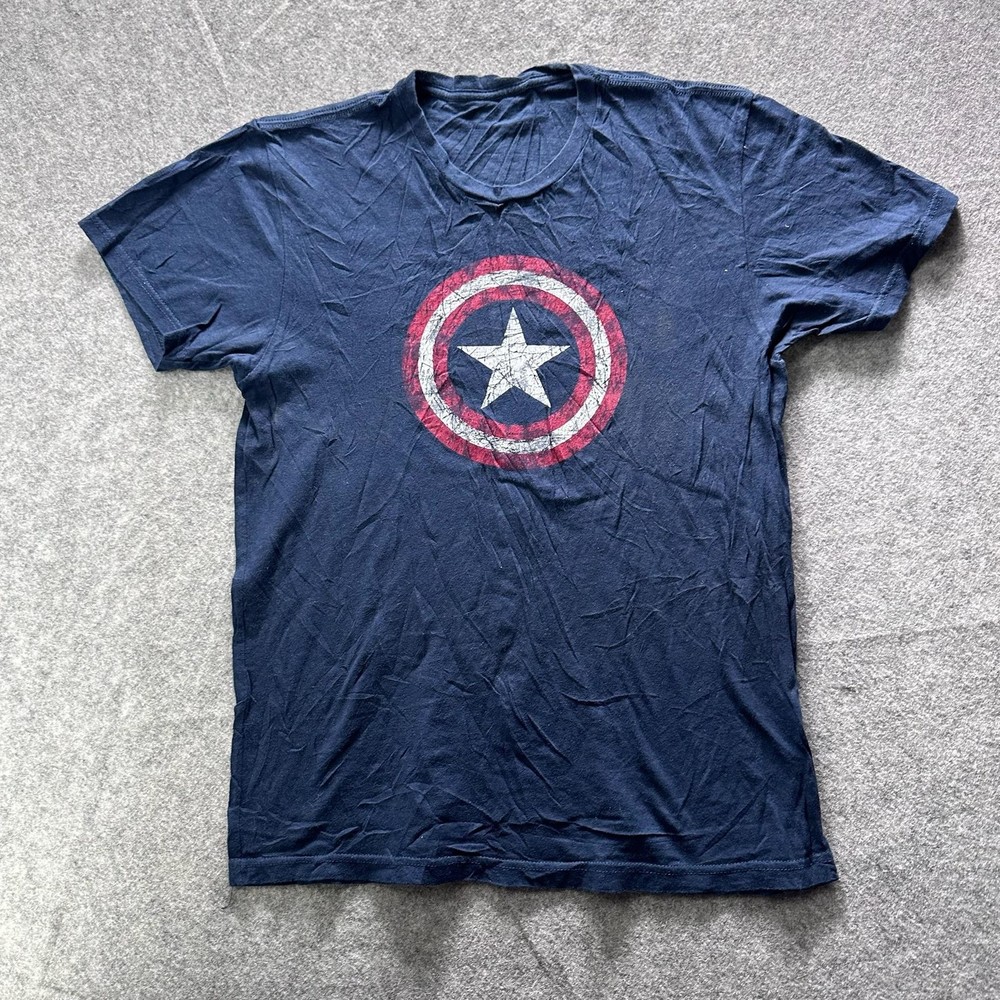Captain America Shirt Mens M Blue Graphic Tee Crewneck Tagless Cotton Jersey