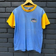 VTG Sunshine T shirt Racing Graphic Print Colorblock Blue Yellow L Short Sleeves