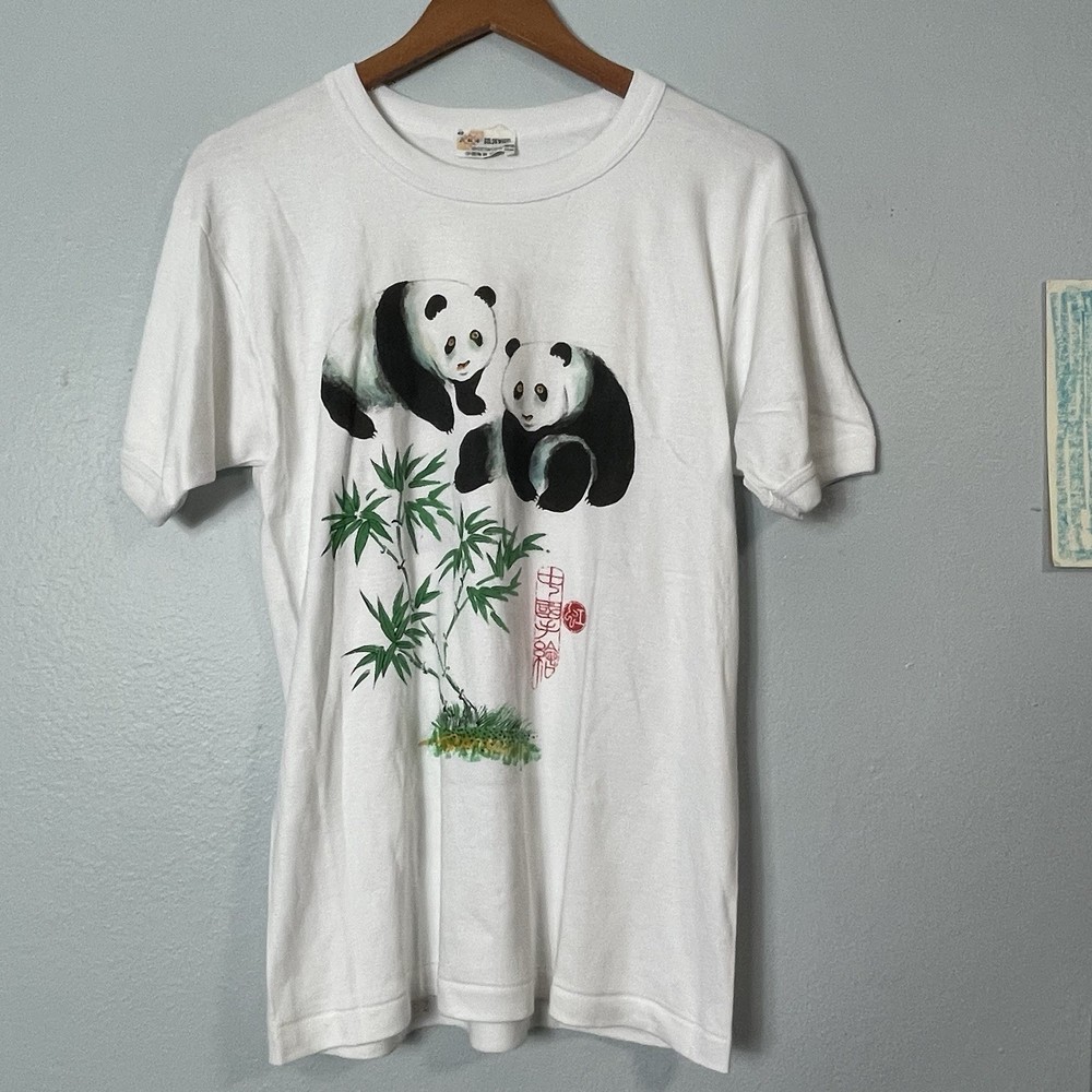 Vintage Golden Wheel Pandas Bamboo China Chinese Ringer T-Shirt Medium