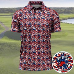 Patriotic Bigfoot Golf Shirt, Red White Blue Camo Sasquatch Polo Top (S-5XL)
