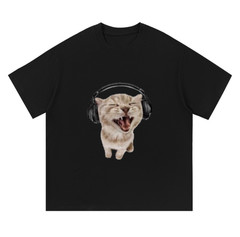 Men’s Black Graphic Cat Print T-Shirt Short Sleeve Crew Neck M/L