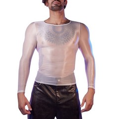 Long Sleeve Men’s Sexy Lingerie Top O Neck Tight Sheer Shirts Oil Shiny