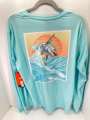Habit Crooked ELM Graphic T-Shirt Mens M Aqua Blue Long Sleeve Solar Factor NWT