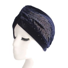 Feather Image Velvet-Feel Twist Pleated Hair Wrap Stretch Turban Hat Navy
