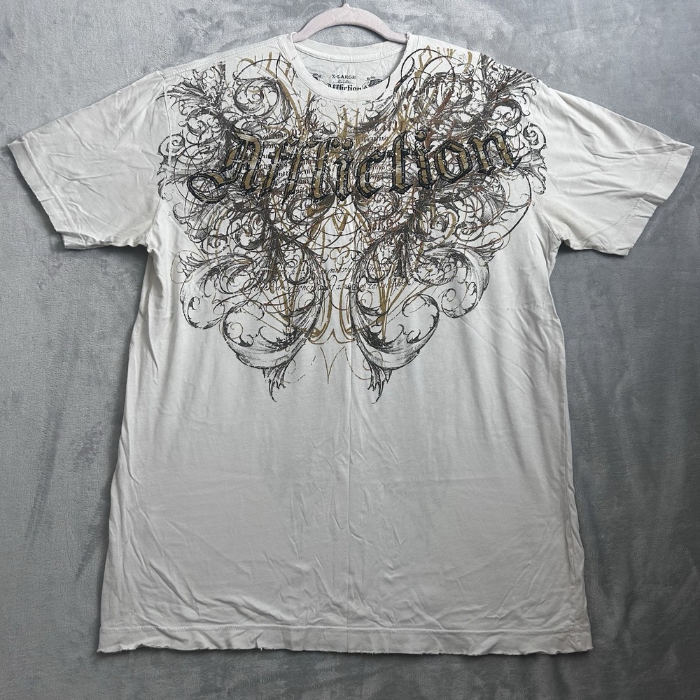 Affliction Cross Wings Shirt Mens XL White Gold Y2K Gothic Biker MMA Double Side