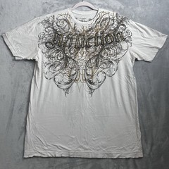 Affliction Cross Wings Shirt Mens XL White Gold Y2K Gothic Biker MMA Double Side