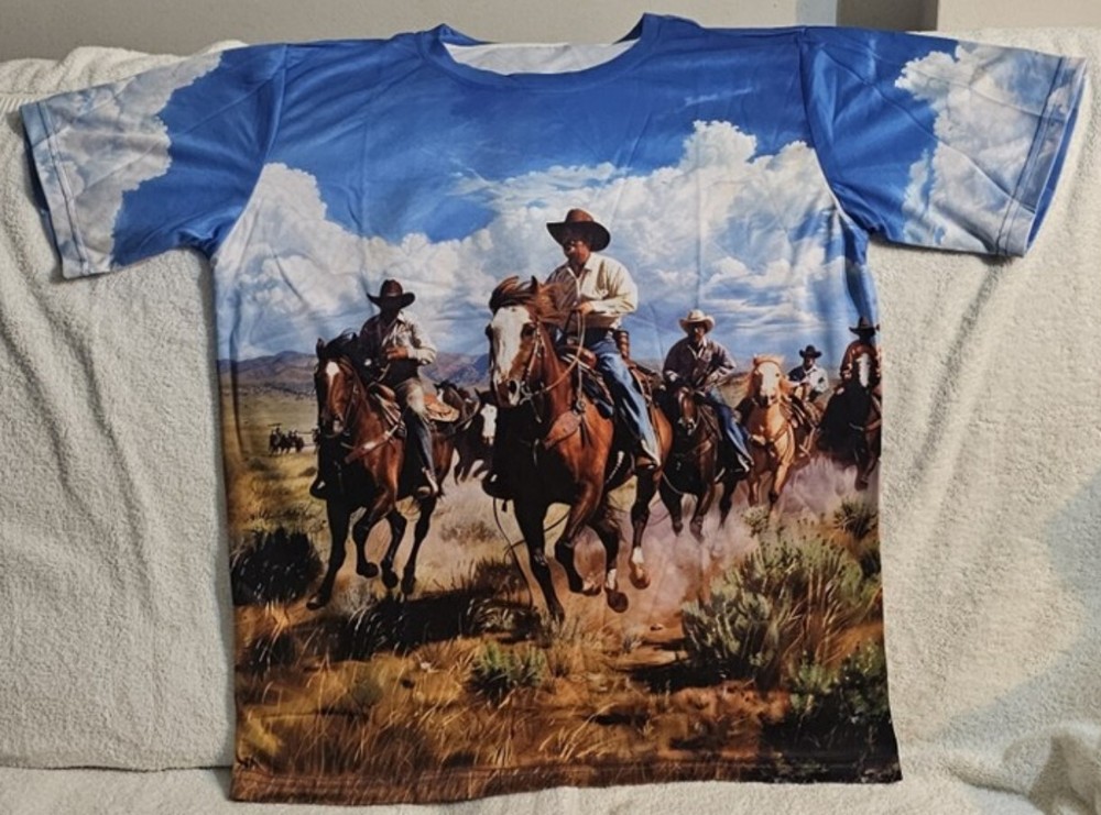 COWBOY RIDING HORSE WESTERN SOUTHWEST RODEO SKY CLOUDS T-SHIRT