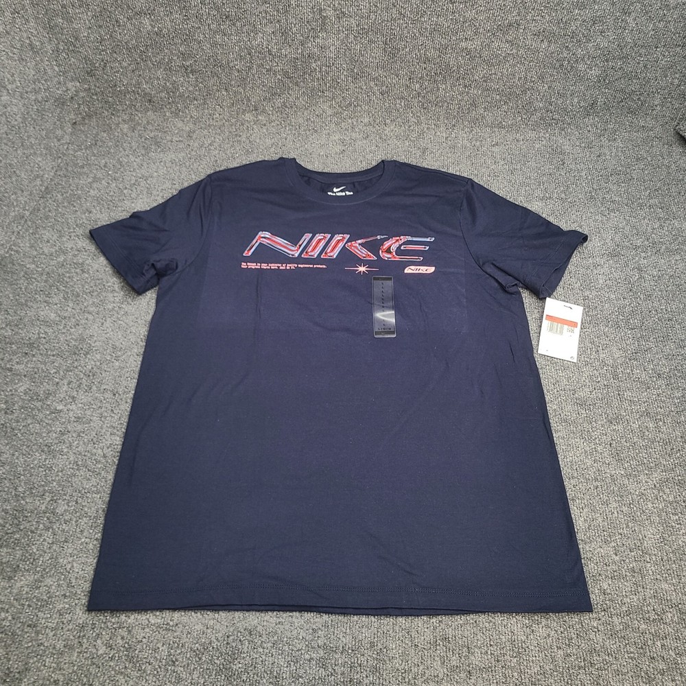 Nike Shirt Mens Large Navy Blue Red Spell Out Sportswear Cotton New Tee 53