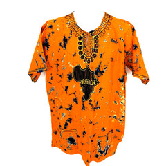 Vtg African Dashiki Shirt XL Orange Tie Dye Embroidered Africa Map Hippie Tunic