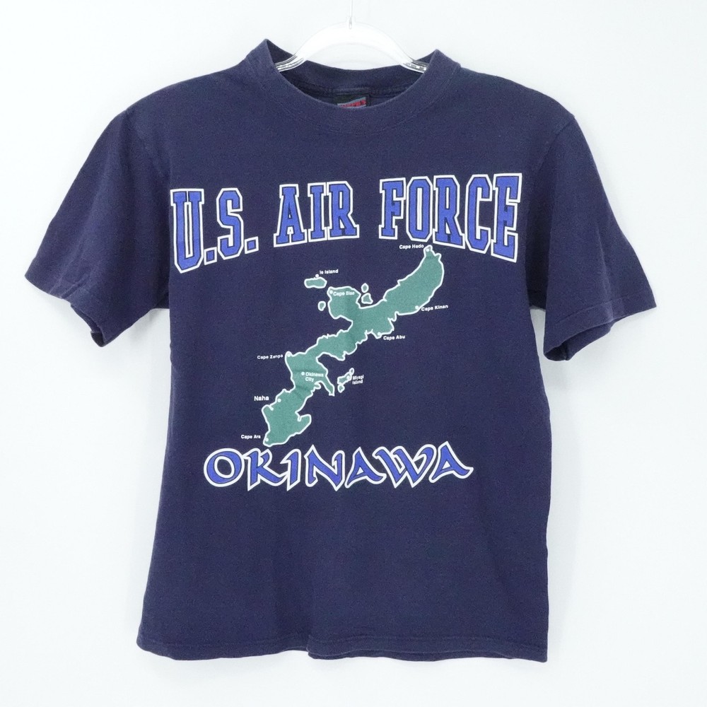 Vintage U.S. Air Force Shirt Mens Medium Navy Okinawa Map Graphic Made USA 90s