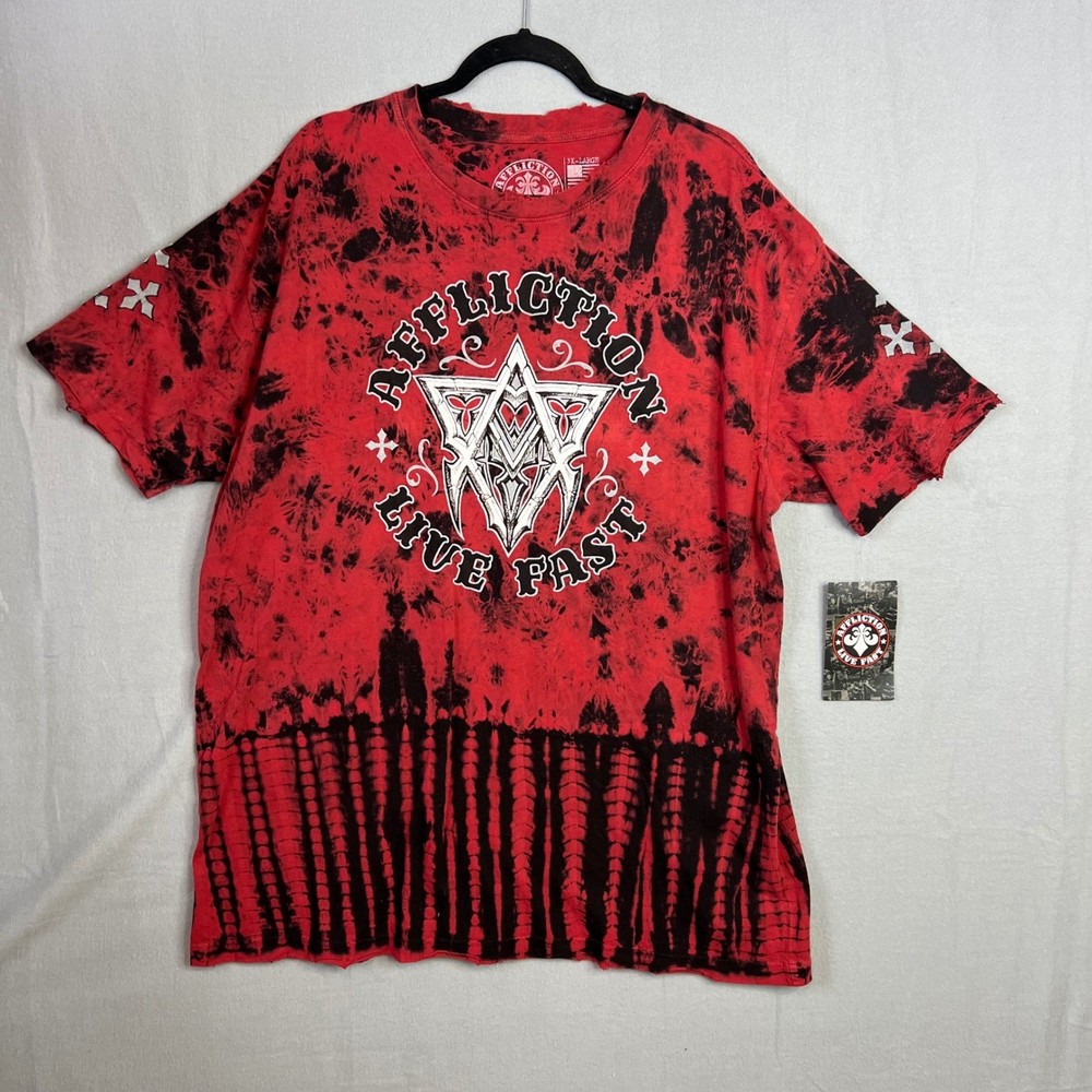 Affliction T-Shirt Mens Sz 3XL Red Black Live Fast Tie Dye Distress Graphic NWT