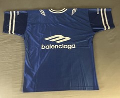 Balenciaga Men’s L Blue/White Logo V-Neck Short Sleeve Satin T-Shirt
