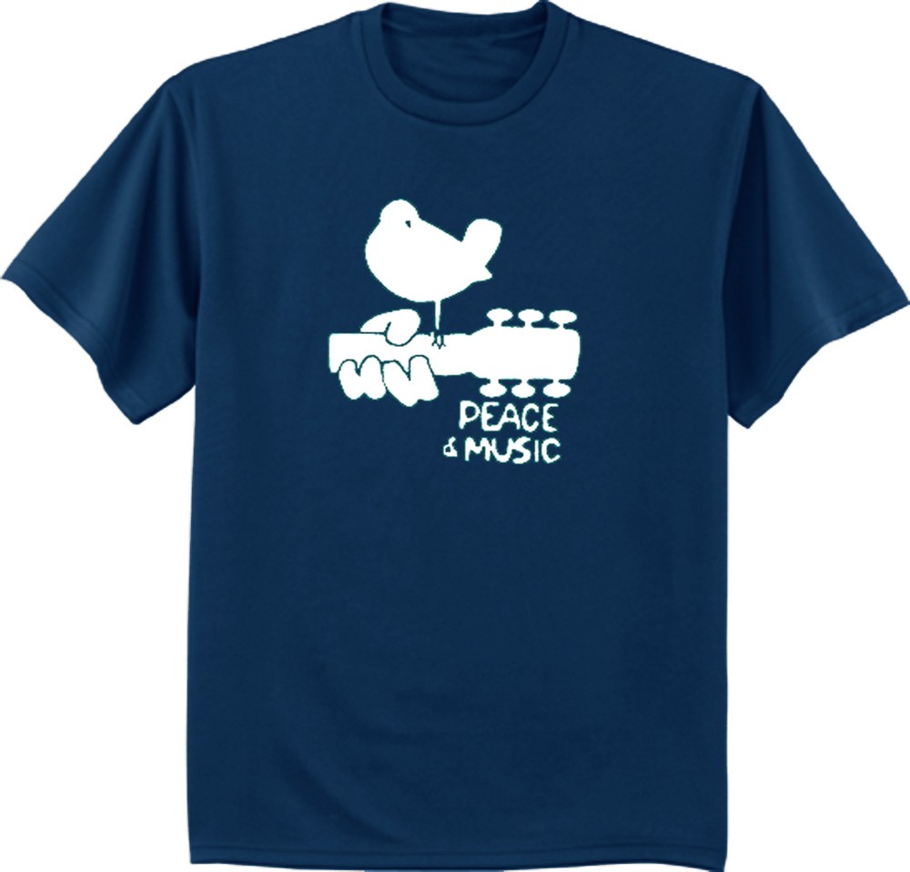 Men’s t-shirt Woodstock design peace music guitar tee shirt navy blue