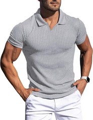 Mens Slim Fit Ribbed Knit Polo Shirt Short Sleeve V Neck Casual Muscle Tee Top