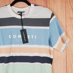 Sonneti London T Shirt Mens Medium Multicolor Striped Spellout Logo Casual Wear