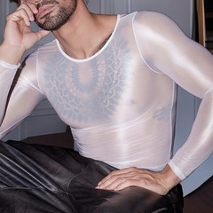 Long Sleeve Men’s Sexy Lingerie Top O Neck Tight Sheer Shirts Oil Shiny