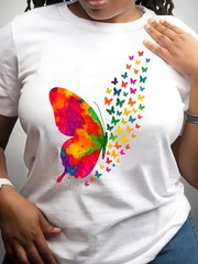 Women’s Round-neck Short-sleeve T-shirt Butterfly Print Casual Fashion T-shirt √