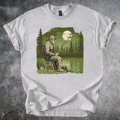Bigfoot Shirt Fishing Forest Lake Night Scene Outdoor Sasquatch Art Tshirt Gray