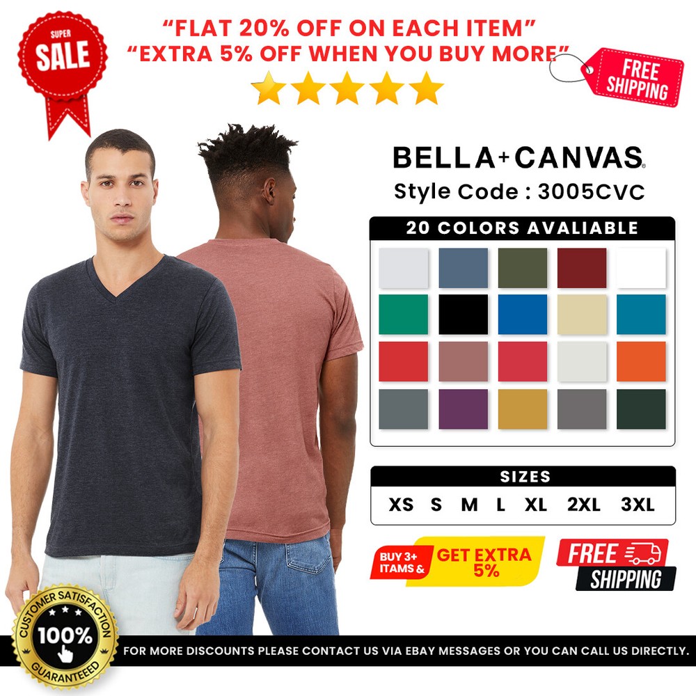 Bella + Canvas 3005CVC Mens Heather Blend CVC V-Neck Tee Short Sleeve T-Shirt