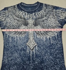 Affliction Shirt Mens Size L Blue Distressed Paper Thin Cross Wings Biker Y2K
