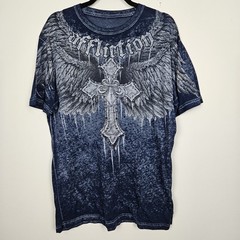 Affliction Shirt Mens Size L Blue Distressed Paper Thin Cross Wings Biker Y2K