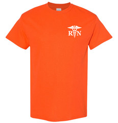 Men’s & Women’s Registered Nurse T-shirt, Left Front, RN Medical Caduceus Staff