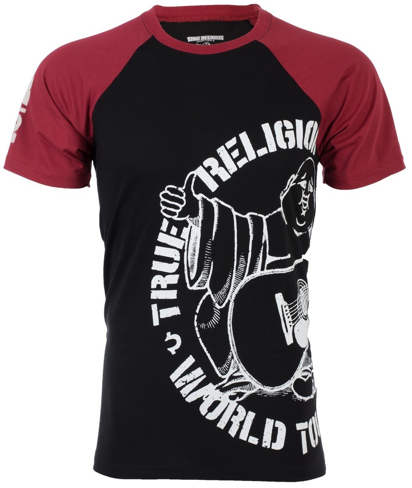 $79 TRUE RELIGION Black Red PART BUDDHA Short Sleeve Designer Raglan T-shirt NWT