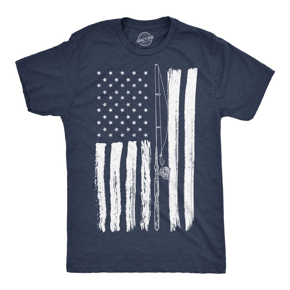 Mens Funny T Shirts USA Flag Fishing Pole Awesome American Fish Tee For Men