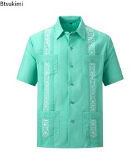 2026 Men’s Guayabera Shirts Zipper Lapel Traditional Casual Short Sleeve Shirt F