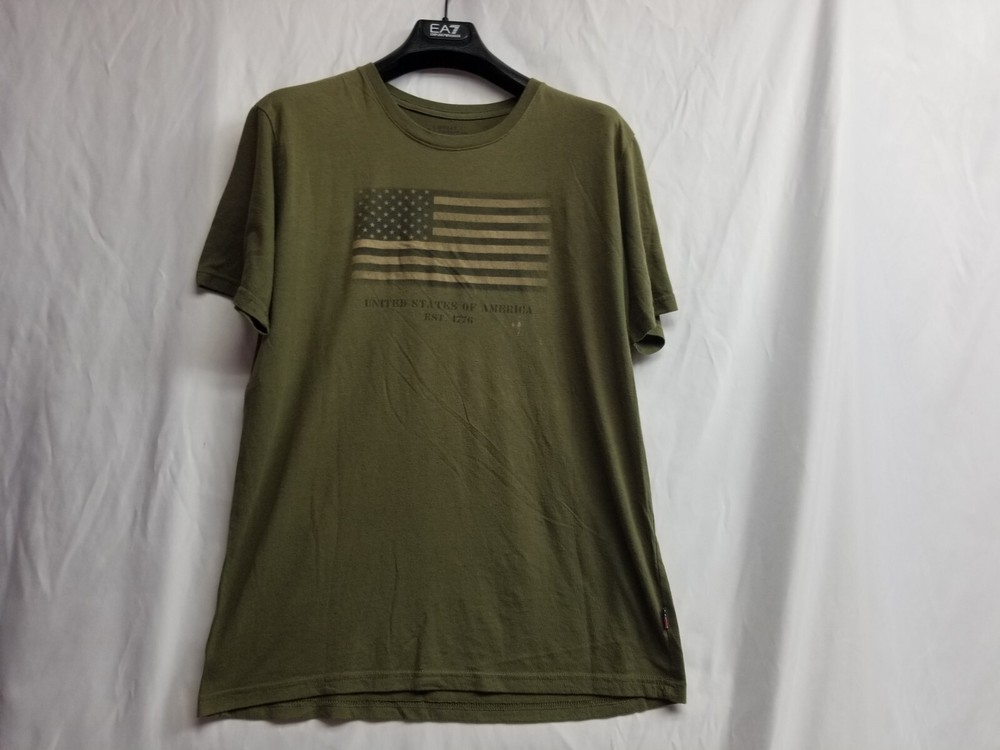 Great American Lakes & Timber USA Flag T Shirt Army Green Cotton Poly Rayon M