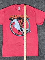 Deadpool T-shirt Mens Medium Red Gildan Heavy Cotton Polyester Riding Unicorn