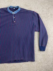 Vintage Lands’ End Henley T-Shirt Mens XL Cotton Stripes Ribbed Long Sleeve Blue