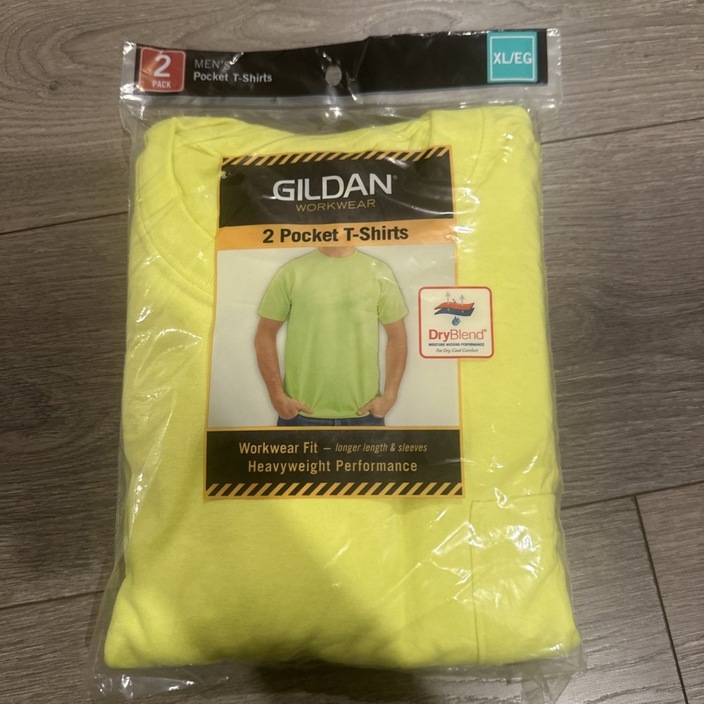 Gildan Mens 2-Pack Workwear Pocket T-Shirt XL Safety Green Dry blend Heavyweight