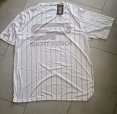 Short Porch (Shut Up And Hit) Short Sleeve Shirt, white with grey stripes