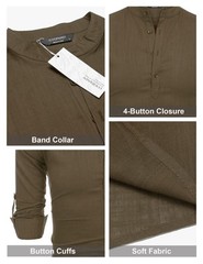 Men’s Cotton Hemp Long Sleeve Casual Beach Henley Shirt(BROWN,XL)