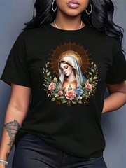 Floral Religious Graphic T-Shirt Round Neck Short Sleeve Top