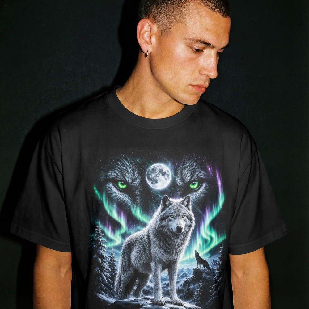 Wolf Graphic T Shirt Aurora Borealis Moon Graphic Tee Wolf Lover Gift Unisex