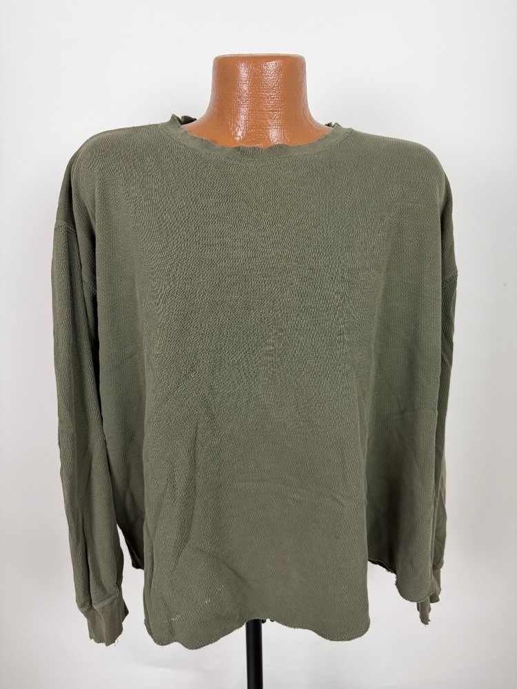 Distressed Waffle-Knit Shirt Men XXL Boxy Grunge Minimal Olive Midweight Vintage