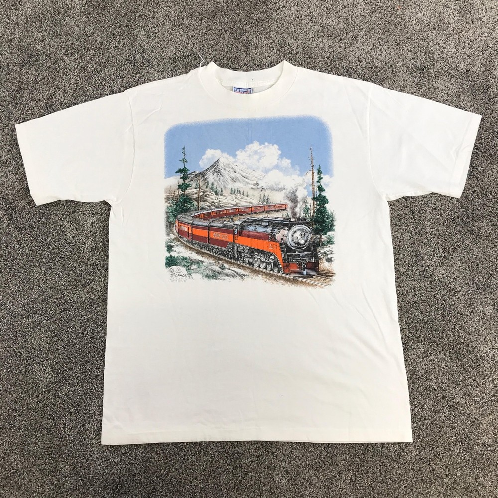 Vintage Train Steam Locomotive T Shirt Mens Large White Graphic All Sport