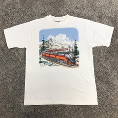 Vintage Train Steam Locomotive T Shirt Mens Large White Graphic All Sport