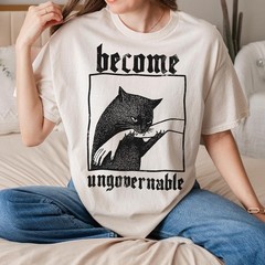 Become Ungovernable Cat Biting Hand Funny Graphic T-Shirt Unisex
