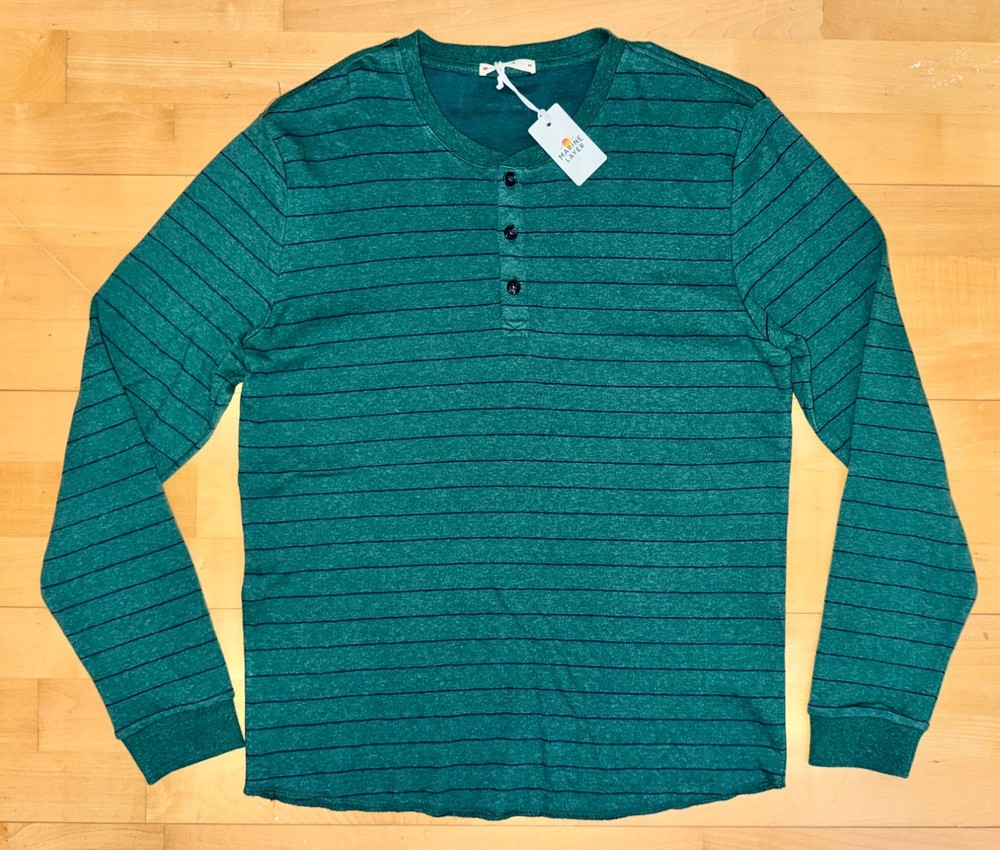 New Men’s MARINE LAYER DK LS Easy Stripe Henley Beach Shirt Pine Green Sz M $84