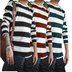 Mens Long Sleeve Stripe T-Shirt New Casual Classic Fit Crew Round Neck Tee Tops
